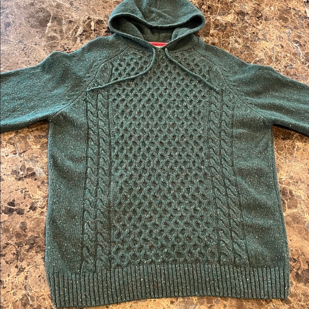 Aran Woolen Mills Green Speckled Cable Knit Lambswool Hooded Pullover Sweater M - Picture 3 of 11